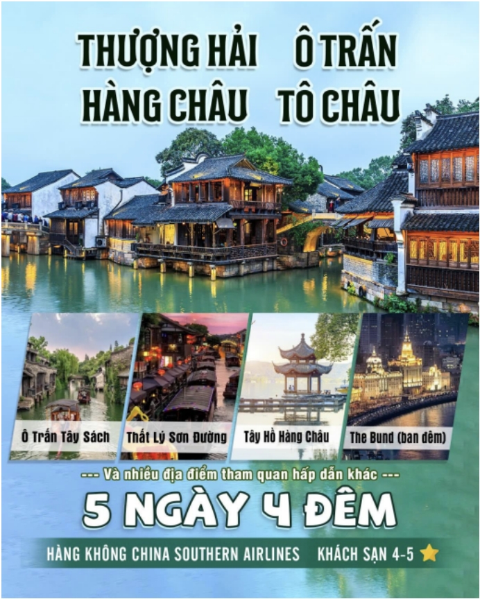 THƯỢNG HẢI - HÀNG CHÂU - TÔ CHÂU - Ô TRẤN 5N4D BAY CZ, FREEDAY DISNEYLAND